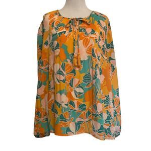 DR2 Multicolor Orange Teal Tropical Floral Blouse